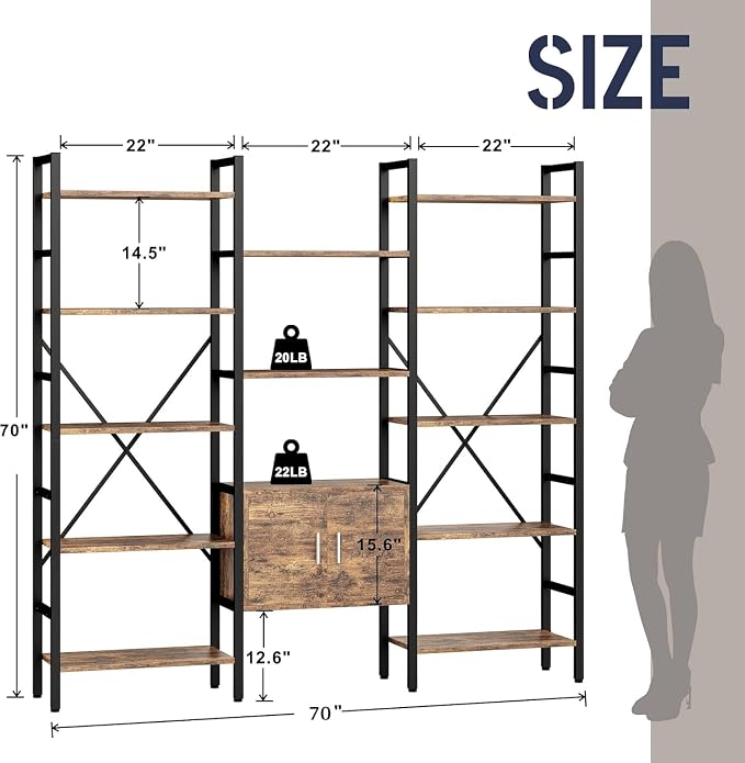 INNOD 70" Triple 5 Tier Book Shelf, Large Industrial Bookcase with Storage Cabinet, Tall Bookshelf with Open Display Shelves Furniture for Living Room Bedroom Home Office Rustic Brown