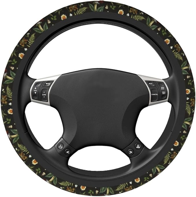 Vintage Woodland Fern Moth Dragonfly Mushroom Amanita Nature Universal Steering Wheel Cover for Men Women, Soft Anti Slip Stretch Neoprene Steering Wheel Covers Car Protector Accessories 15 Inch-Black