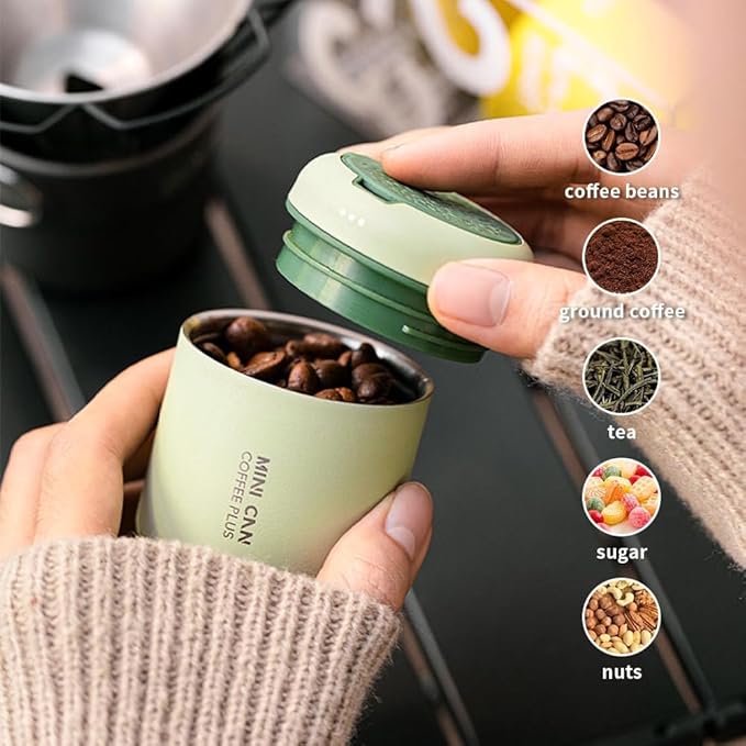 watchget Portable Mini Airtight Coffee Canister for 1cup - Stainless Steel Coffee Bean Storage with CO2 Releasing Valves, Compact and Travel-Friendly Container for 1oz/30g Beans, Grounds, Green