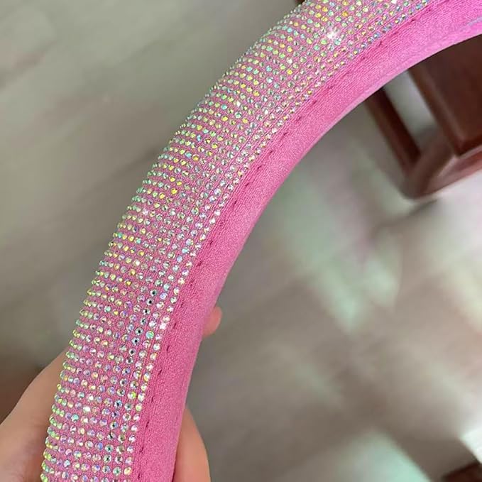 Car Steering Wheel Cover Pink for Women Girls Cute Bling Accessories 15 Inch Universal Colorful Crystal Rhinestone Diamond Rainbow Anti-Slip Wheel Protector