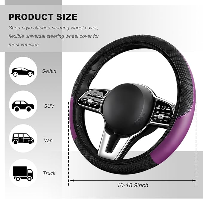 Car Steering Wheel Cover, 15 Inch Carbon Fiber Elastic Vehicle Steering Wheel Protector, Breathable Leather Auto Wheel Covers for Women Men, Interior Car Accessories (Black & Purple, AD)