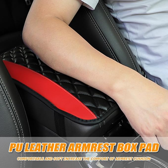 Car Center Console Pad, Universal Waterproof Armrest Seat Box Cover, 12.6" x 7.5" PU Leather Auto Armrest Protector, Car Interior Accessories Decor for Most Vehicles, Truck, SUV (Red)