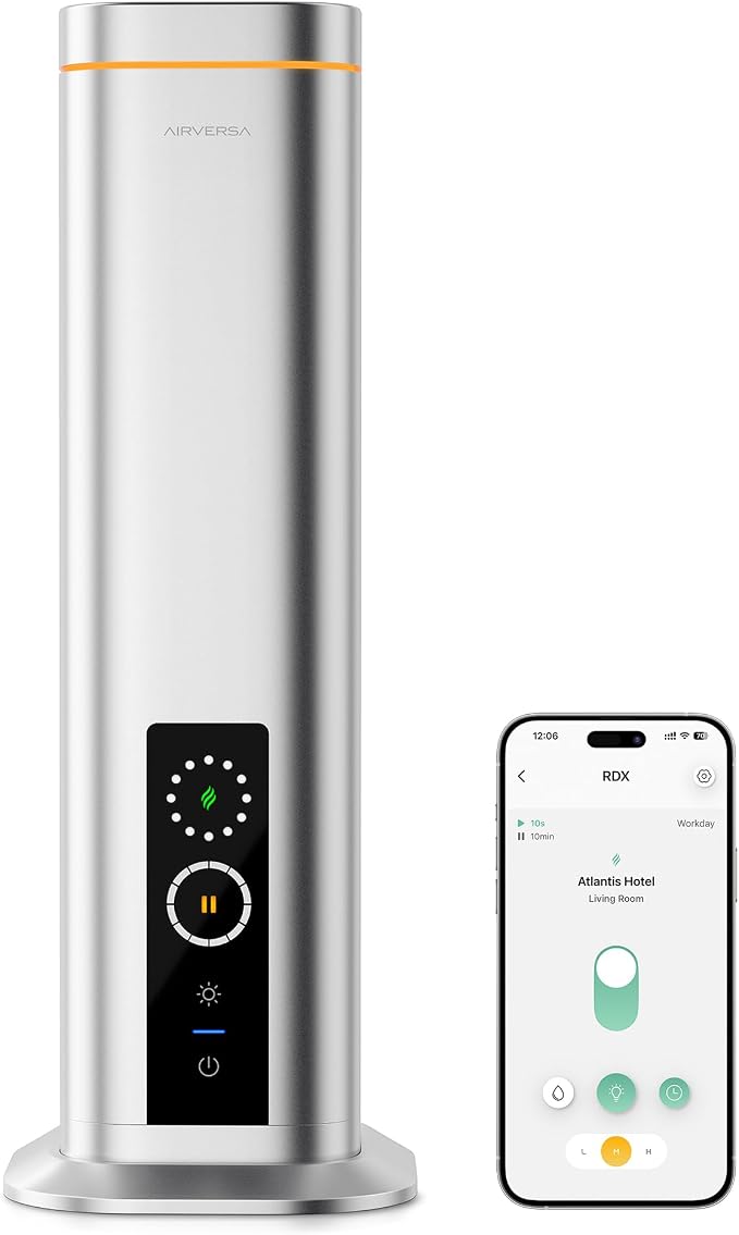 Airversa Waterless Diffuser, Smart Tower Diffuser with App Control, Cold Air Scent Diffuser Oil Machine for Homes Offices Hotels, 300mL Capacity, Up to1500 sq ft, DC-12V/1A Plug, RDX Silver