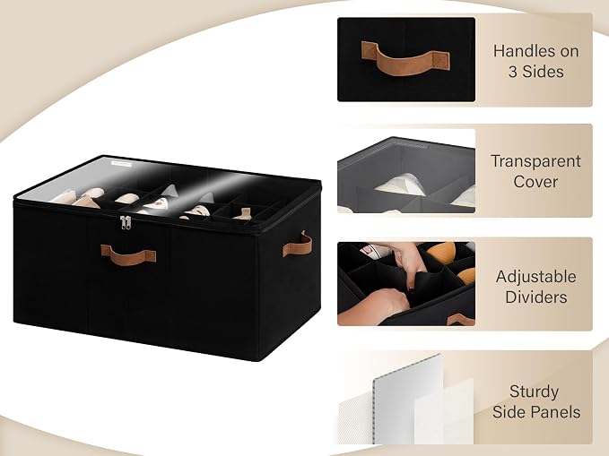 StorageWorks Shoe Organizer for Closet, Fits up to 24 Pairs, Shoe Cubby Storage Containers with Adjustable Dividers and Clear Cover, Black