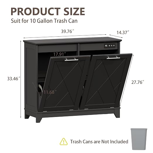 Double Tilt Out Trash Can Cabinet with Charging Station, Negative Ion Odor Control, Hidden Dual 10-Gallon Recycling Cabinet, Dog Proof Garbage Can for Kitchen, Laundry, Dining Room,Black