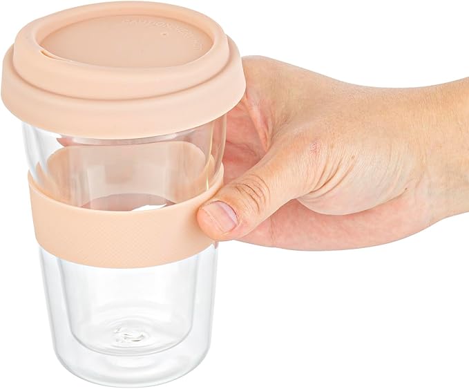 Restaurantware Glass Travel Mug 1 Count 14 Ounce Double Wall Borosilicate Reusable Coffee Cup, Spill-Resistant Tan Silicone Lid, Clear Drinkware Mug for Hot and Cold Beverages