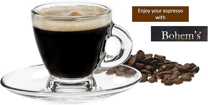 BOHEM'S Espresso Cups, 3.2 oz Small Demitasse Clear Glass Espresso Drinkware, Set Of 6, Cups and Saucers, Espresso Shot Glasses, Clear Expresso Coffee Cups, Tazas de Cafe Expreso