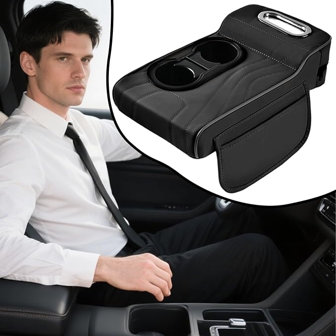 LAFANDE Car Armrest Cushion | Heightening Pad Arm Rest for Car, Center Console Cover with Storage Bags Cup Holder, Tissue Box Slot, Easy to Install and Clean