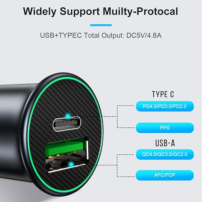 USB-C Car Charger Adapter, Dual Ports Fast Charging PD 60W + QC3.0 30W Mini All-Metal Cigarette Lighter USB Charger Universal for iPhone13/Pro Max/12/XS Max/11 Pro, Samsung, Car Accessories