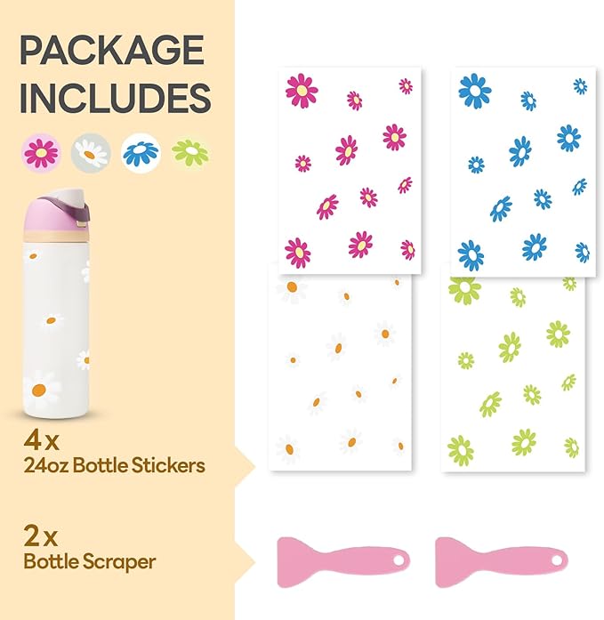 4PCS Daisy Stickers for Owala Water Bottle, Stickers Waterproof Compatible with Urban Outfitters Owala Bottles, Tumbler Cup Accessories Decal Decorate