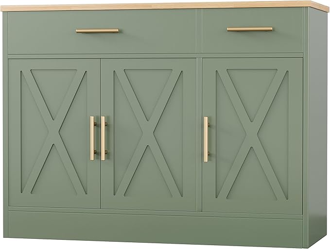 Shintenchi Modern Farmhouse Sideboard Buffet Cabinet with Storage with 3 Doors,42" Barn Doors Buffet Cabinet with Storage, Wood Coffee Bar Cabinets with Adjustable Shelf for Kitchen Living Room,Green