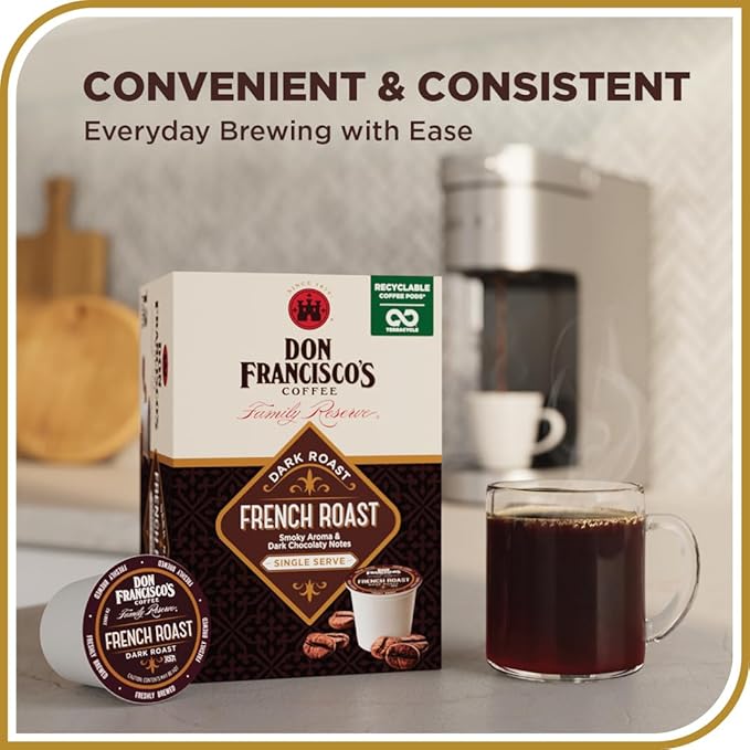 Don Francisco's French Roast Coffee Pods, 24 Count, Dark Roast, Compatible with Keurig Brewers