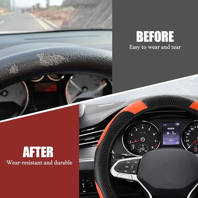 Car Steering Wheel Cover, Steering Wheel Protector, Universal 14.5-15 Inch Microfiber Leather Breathable Auto Steering Wheel Covers, Carbon Fiber Steering Wheel Cover for Women Men (Orange)