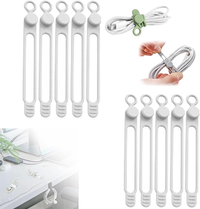 Silicone Cable Ties, Data Cable Organizer Reusable Cable Management Organizer, Multipurpose Elastic Cord Organizer for Bundling and Fastening Cable Cords Wires for Travel/Office/Home (White, 10Pack)