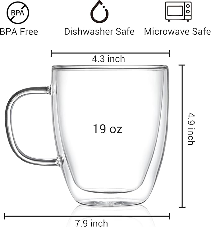Double Walled Glass Coffee Mugs with Handle (Set of 2) - 19oz Clear Espresso Cup, Transparent Coffee Mugs for Daily Use & Gift, Transparent Mug for Hot Coffee, Iced Tea & Cappuccino (560 ml)
