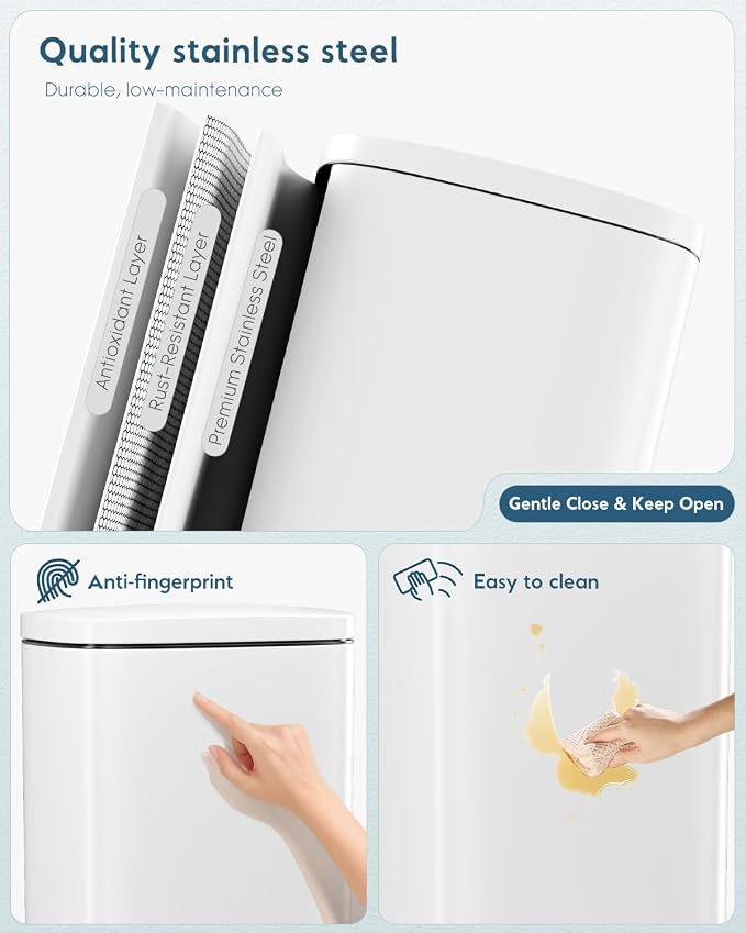 Arlopu13.2 Gallon Step Trash Can, Stainless Steel Garbage Bin, Soft-Close Rubbish Bin with Removable Plastic Inner Bucket, Fingerprint-Proof, Lid Dustbin, Suit for Kitchen Home (White, 50L)