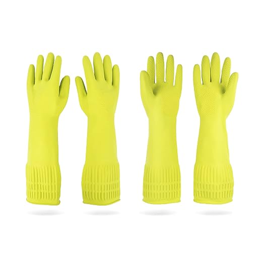 DABOGOSA Mamison 2 Pairs Reusable Waterproof Household Dishwashing Cleaning Rubber Gloves, Non-Slip Kitchen Glove (Green, Medium (Pack of 2))