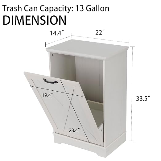 13 Gallons Tilt Out Trash Can Cabinet, Wooden Trash Can Cabinet Tilt Out Pet Proof Hidden Garbage Cabinet for Kitchen, Antique White