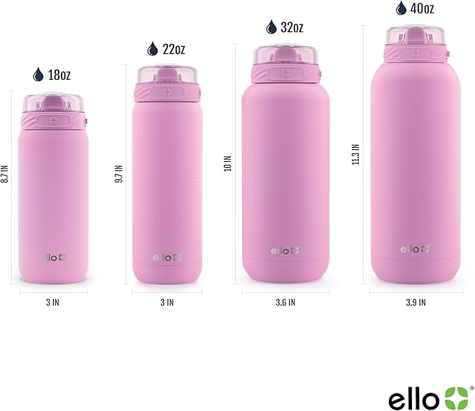 Ello Cooper 40oz Stainless Steel Water Bottle with Straw and Carry Handle, Double Walled and Vacuum Insulated Metal, Leak Proof Locking Lid with Soft Silicone Spout, Reusable, BPA Free, Bubblegum