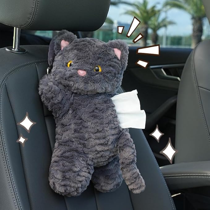 Cute Cat Car Tissue Holder Plush Kitten Paper Box for Backseat Adorable Hanging Organizer & Decor for Women Pet Lovers & Gifts (Black)