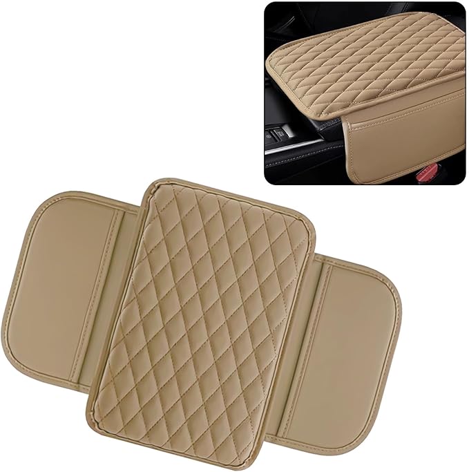 Car Center Console Armrest Cover with Storage Pockets, Universal Upgraded Microfiber Leather Center Console Organizer Protector for Most Cars SUVs Trucks Armrest Pad Interior Accessories (Beige)