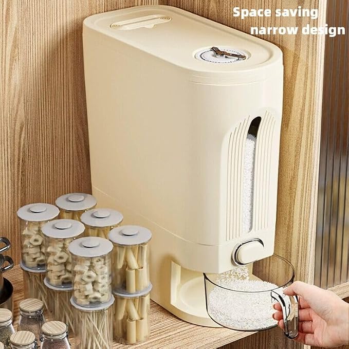 IEEK 25 Lbs Rice Dispenser, Large Cereal Dry Food Storage Containers with Measuring Cup and Lid,Moisture Proof Airtight Food Dispenser Bucket for Rice,Corn,Coffee Bean,Grain,Soybean and Oatmeal,White