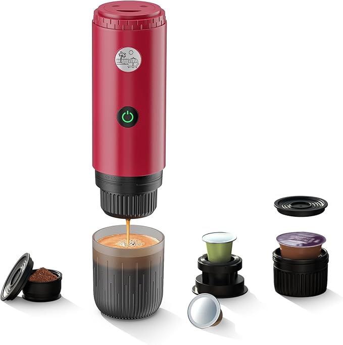BENFUCHEN 3 in 1 Portable Electric Espresso Machine for Nespresso Capsule, Travel Coffee Maker with Ground Coffee for Camping, RV, Hiking, Office,Car Coffee Maker Self-Heating with USB-C (Red)