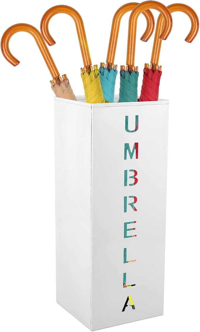 Metal Umbrella Stand Holder, 16.5x6.3x6.3inch Square Free Standing Umbrella Rack Decorative Umbrella Holder Bin Multipurpose Walking Sticks Holder for Umbrella Cane Entryway (White)
