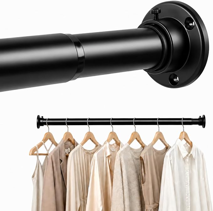 Closet Rod Adjustable 17 to 98 Inch, 1-1/4” Diameter, Closet Rods for Hanging Clothes, Stepless Metal Heavy Duty Hanging Rod for Closet Wardrobes Laundry RV (Black)
