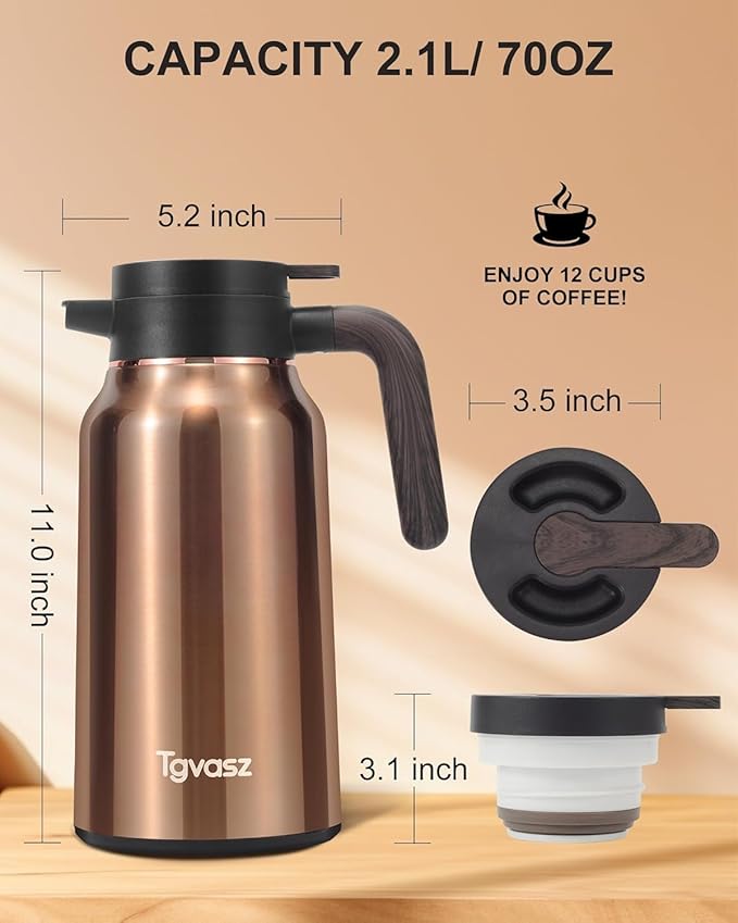 70 Oz Carafes for Hot Liquid, Stainless Steel Insulated Vacuum Thermal Coffee Carafes For Keeping Hot, 2.1 Liter Coffee Dispenser(Gold)