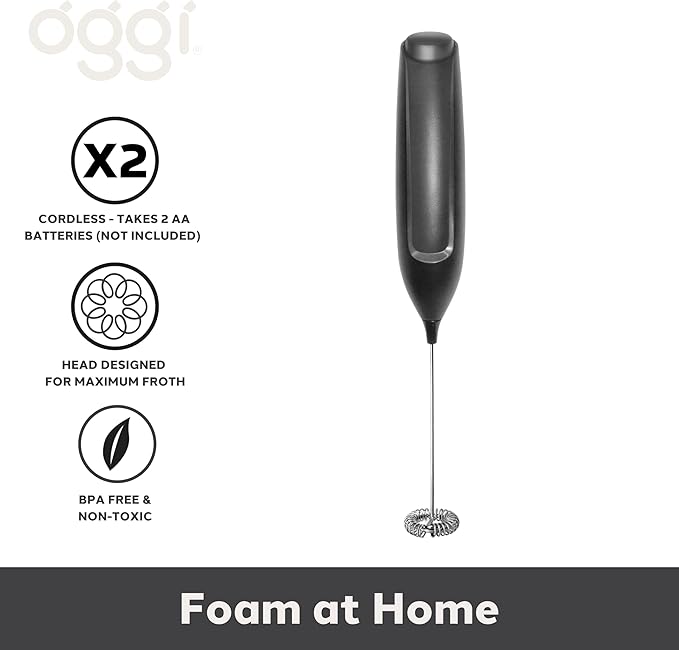 Oggi Handheld Milk Frother, Electric Frother Wand with Stainless Steel Whisk, Mini Whisk for Coffee, Matcha, Latte, Protein, Eggs & More, Battery Operated Compact Frother for Kitchen or Travel, Black