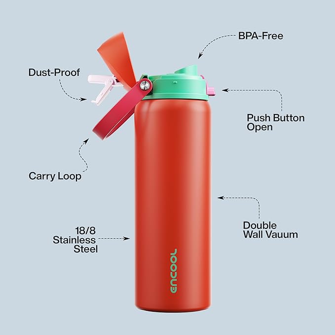 Insulated Water Bottle with Straw - Encool Stainless Steel Water Bottle with Push Button Lid, Leak-Proof & BPA-Free, Keeps Cold for 24 Hours for Sports, Travel, Gym (32 oz, Grapefruit Red)