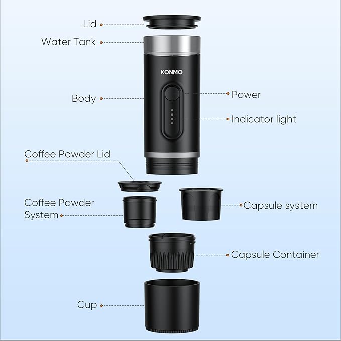 Portable Espresso Machine with Self-Heating System, 15 Bar Travel Coffee Maker, Compatible with Capsules & Ground Coffee, USB-C Rechargeable Coffee Machine for Camping, Office & Travel