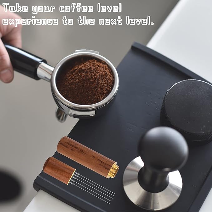 Espresso Coffee Stirrer, Espresso Distribution Tool Coffee Stirring Tool,Professional Barista Hand Needle Type Distribution Tool 5 Needles 0.4mm Natural Wood Handle and Stand