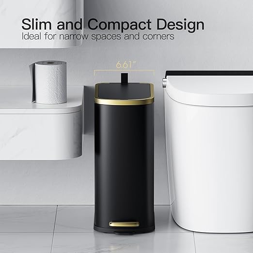 CEROELDA Small Bathroom Trash Can with Lid Soft Close-10L/2.6 Gal Slim Garbage Can-Metal Step Wastebasket-Rectangle Narrow Waste Bin for Office, Bedroom, Toilet, Live Room (Black)