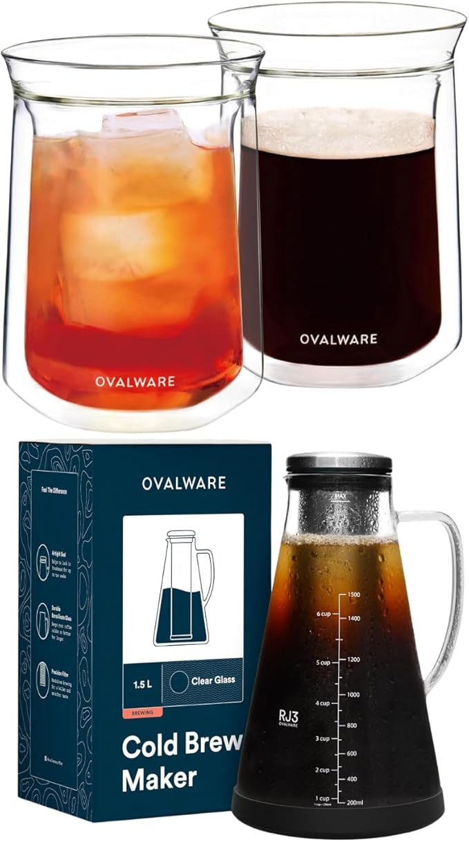 ovalware Double Wall Single Lip Insulated Glass Minimalistic Double Wall Drinkimg Mug with Airtight Cold Brew Iced Coffee Maker Pitcher RJ3 Brewing Glass Carafe with Removable stain