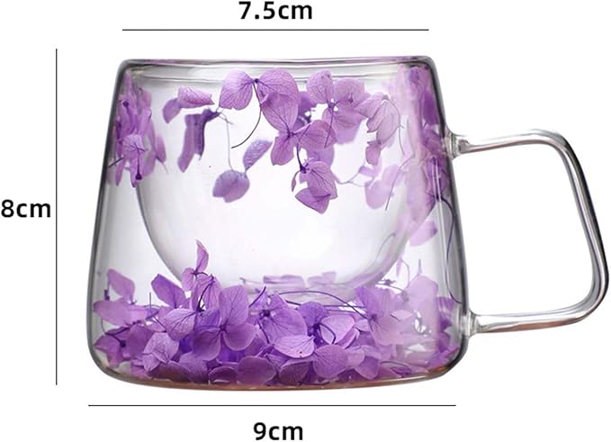 Generic Double Wall Insulated Glass Cup,Dried Flower Mug with Handle,Creative Transparent Coffee Cups,Gift for Women Mom Female (Purple)