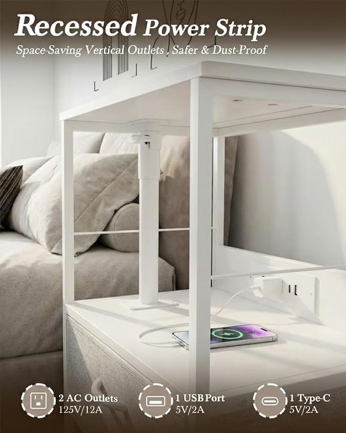 Faesun Swivel Lift Top Nightstand with Charging Station, Rolling Side Table for Recliner, Bedside Table with Wheels & 2 Fabric Drawers, for Small Spaces, for Bedroom, Living Room, White Gray