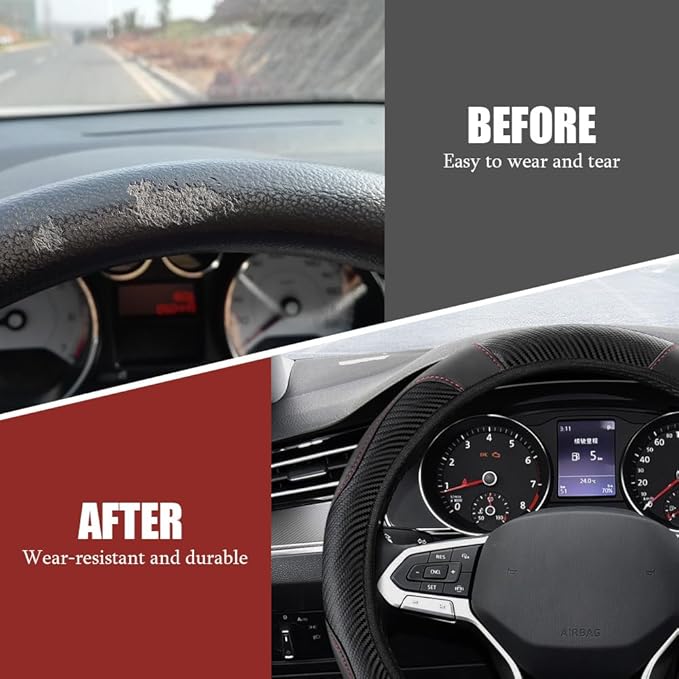 Car Steering Wheel Cover, Steering Wheel Protector, Universal 14.5-15 Inch Microfiber Leather Breathable Auto Steering Wheel Covers, Carbon Fiber Steering Wheel Cover for Women Men (Black)