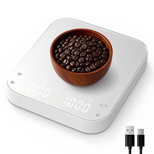 5.9 * 5.1in Coffee Scale with Timer, Diyife 3kg/0.1g High Precision Digital Coffee Scale for Espresso and Pour-Over, Portable, Non-Slip Silicone Mat, Auto-Sleep, White (Type-c Charging Included)