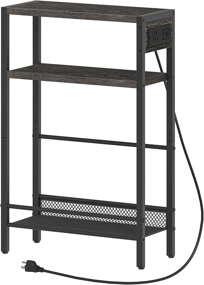 HOOBRO Small Narrow Side Table with Charging Station, Skinny End Table for Small Spaces, Slim Nightstand with USB Ports Outlet, Sofa Beside Table with Storage Shelf, Charcoal Black BC102UBZ01