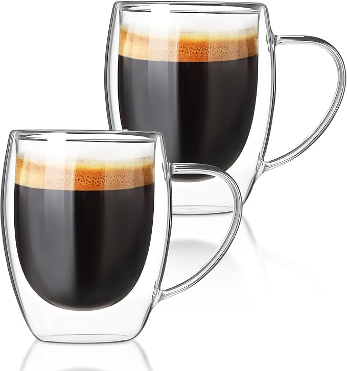 Double walled glass coffee mugs, Glass Coffee Mugs Set Of 2, Glass Coffee Cups with Handles, 12OZ, Suitable for Cappuccino, Latte, Espresso, Hot Drinks, Cold Drinks