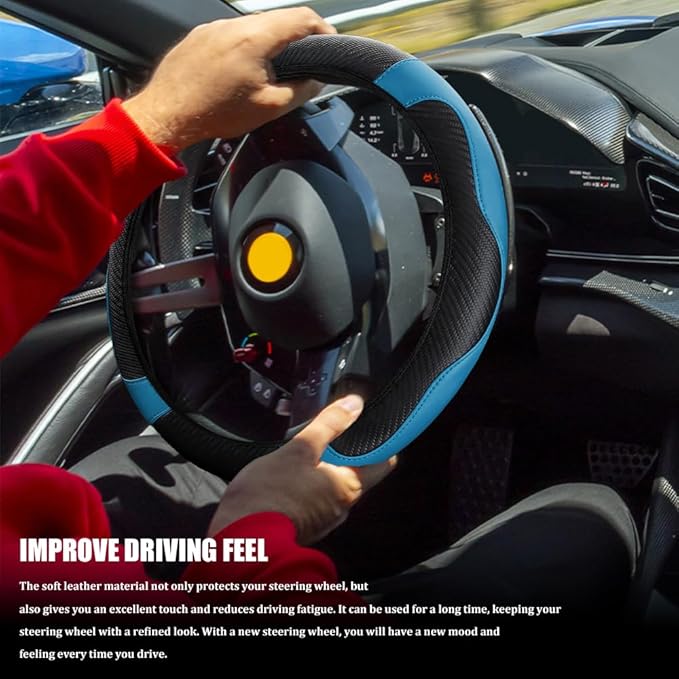 Car Steering Wheel Cover, Steering Wheel Cover Protector, 15 Inch Carbon Fiber Microfiber Leather Elastic Steering Wheel Protector, Car Steering Wheel Accessories for Vehicles (Black Blue)