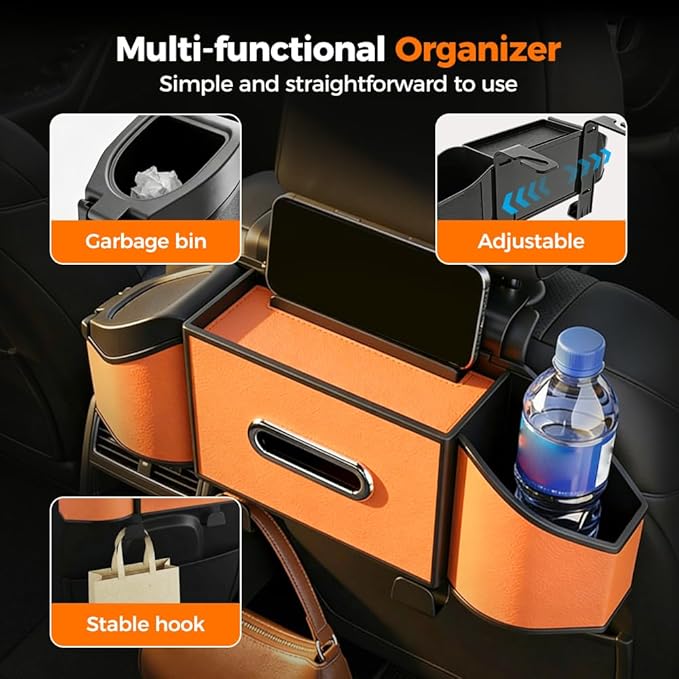 7-in-1 Car Backseat Organizer,Multifunctional Car Organizers and Storage Box with Cup Holder, Tissue Box,Trash Bin,Phone Mount and Hooks,Car Essentials Accessories for Women and Men (Black)