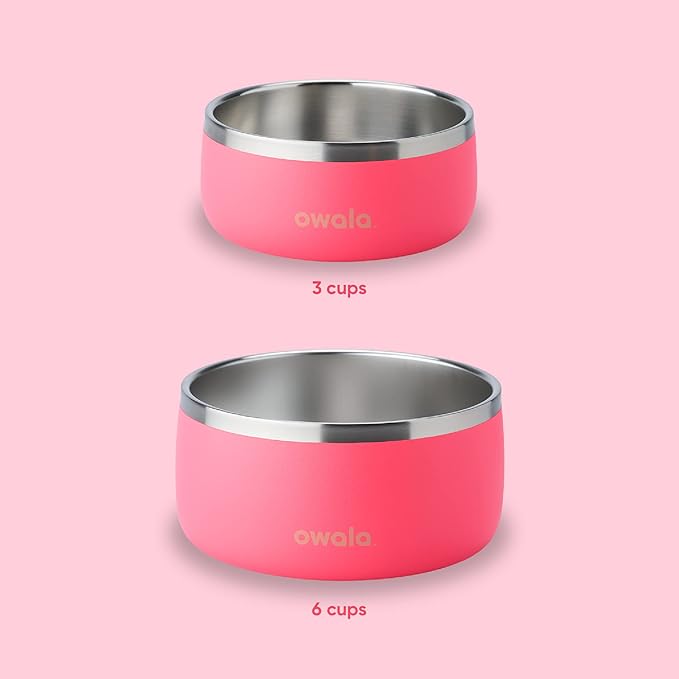 Owala Pet Bowl - Durable Stainless Steel, Food and Water Bowl for Dogs, Cats, and All Pets, Non-Slip Base, 24oz, Pink (Hyper Flamingo)