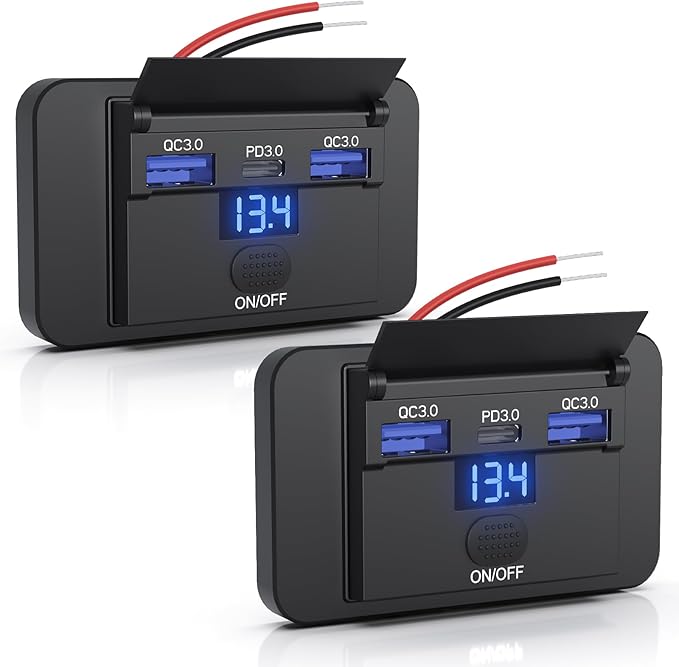 2PCS Gibbab 72W 3 Ports 12V RV USB Switch Outlet with Voltmeter, 36W PD3.0 Type-C Quick Charge + 2*18W QC3.0 Panel Wall Mount Car Charger Socket Automotive Multi-Port Adapter for Marine Truck Boat Bus