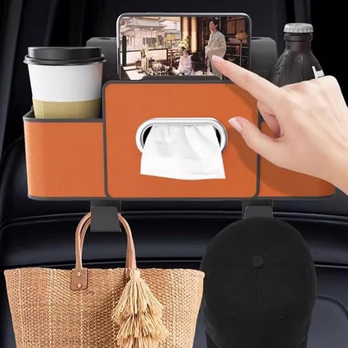 3-in-1 Car Backseat Organizer, Car Organizers and Storage Box with 2 Cup Holders & 4 Hooks, Multifunctional Car Seat Back Storage Box with Tissue Box, for Phone, Snacks, Drinks, Handbag (Black, 1PC)