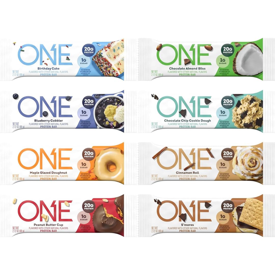 ONE Protein Bars, Sampler Variety Pack, Gluten Free with 20g Protein and 1g Sugar, Pantry Staples, 2.12 oz (8 Count)