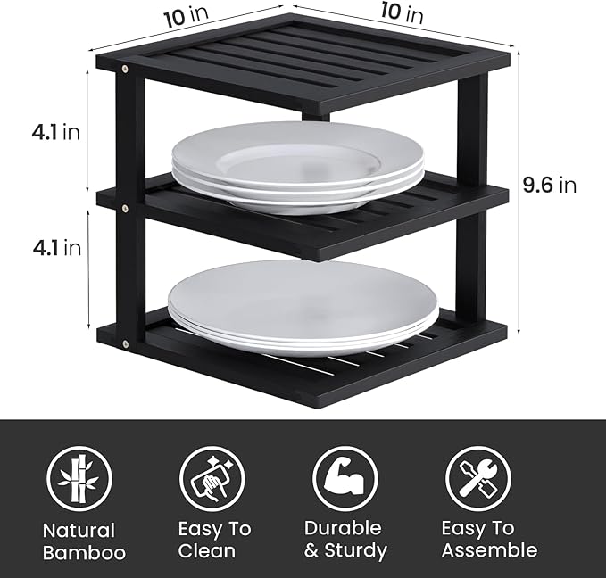 2 Pack Bamboo Corner Shelf,3 Tier Kitchen Cabinet Organizer for Plates and Dishes,Pantry Storage and Spice Rack（Black）