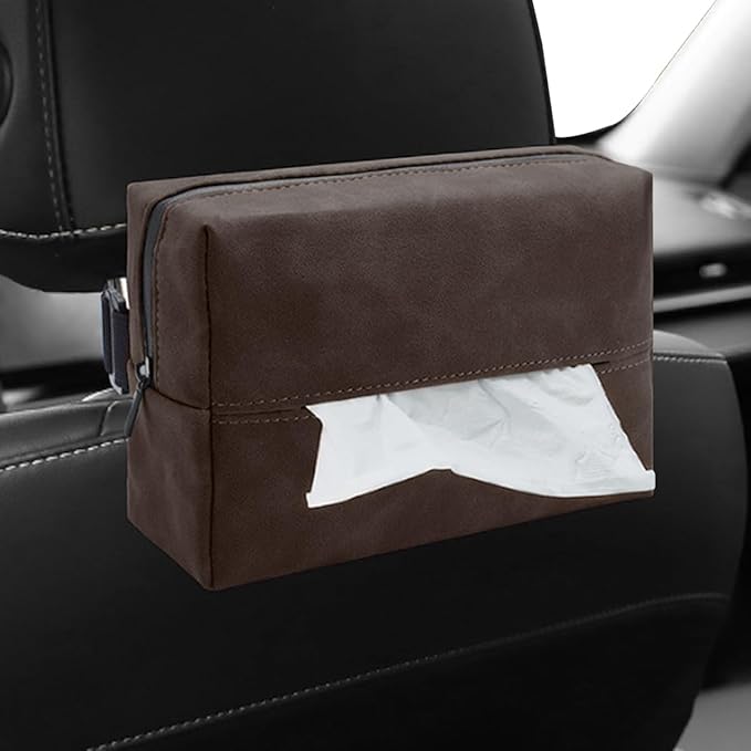 Car Tissue Holder, Rectangular Tissues Box Cover, Back Seat Tissue Dispenser for Tissues, Car Napkin Holder with Elastic Band, Fits for Storage & Organizer (Brown)